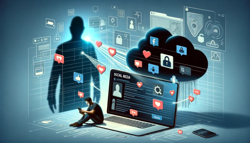 Une illustration numérique représentant les coûts cachés des réseaux sociaux gratuits. L'image montre un utilisateur interagissant avec les réseaux sociaux sur un ordinateur portable, avec une silhouette sombre en arrière-plan symbolisant la collecte de données.