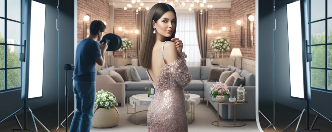 Une image numérique réaliste d'un cadre d'influenceur glamour, avec une jeune femme posant pour une photo sur les réseaux sociaux dans une pièce magnifiquement décorée.