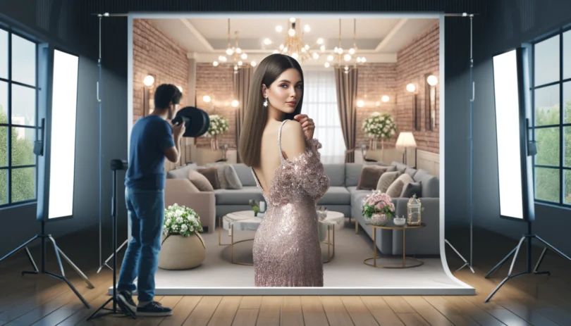 Une image numérique réaliste d'un cadre d'influenceur glamour, avec une jeune femme posant pour une photo sur les réseaux sociaux dans une pièce magnifiquement décorée.