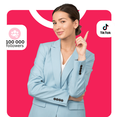 une femme avec un ensemble professionnel sur un fond rose avec une main pointant vers le logo TikTok