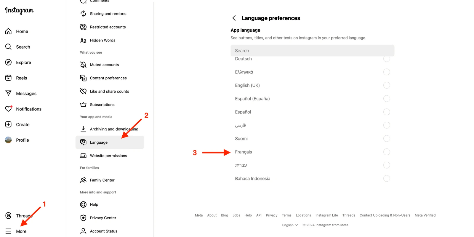 changer langue Instagram sur PC