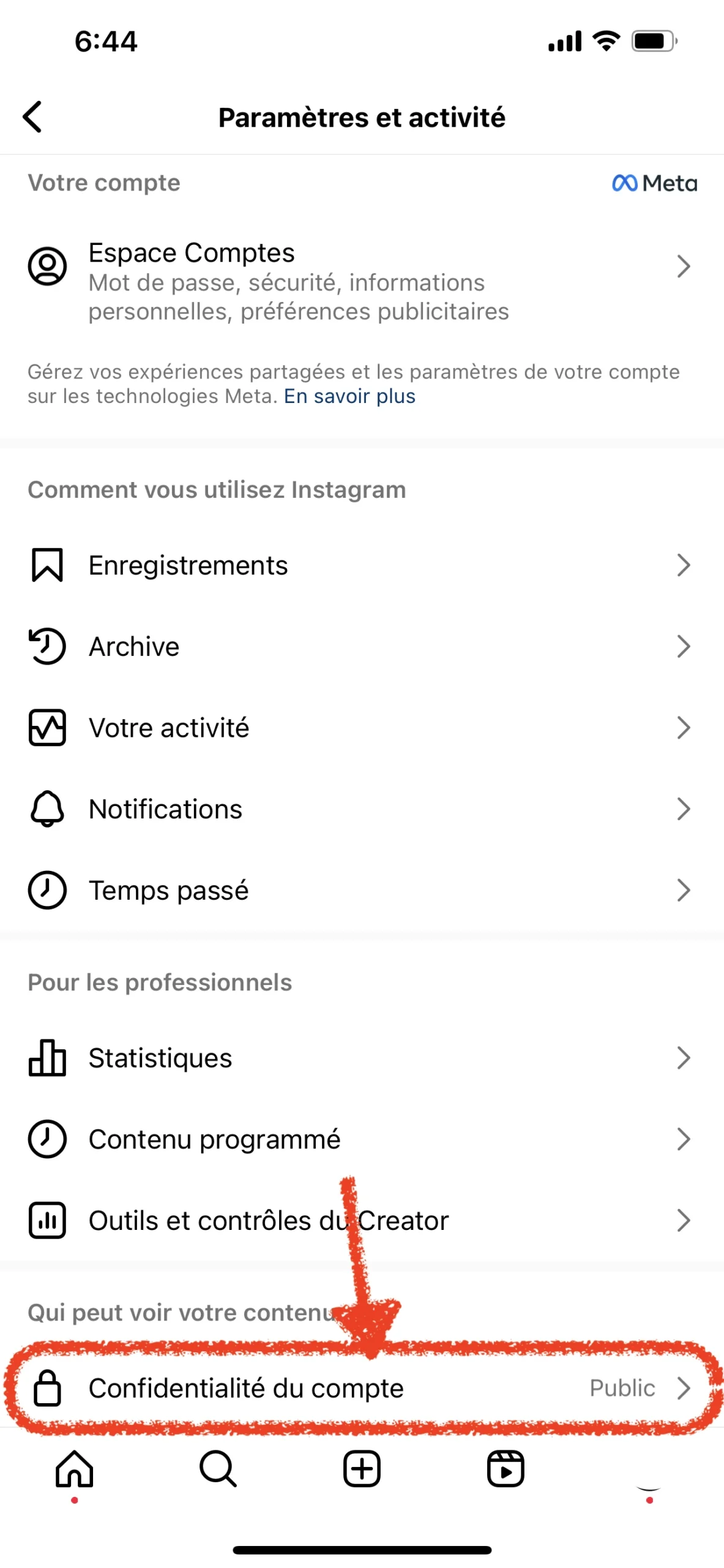 étape 3 pour changer mettre compte instagram privé