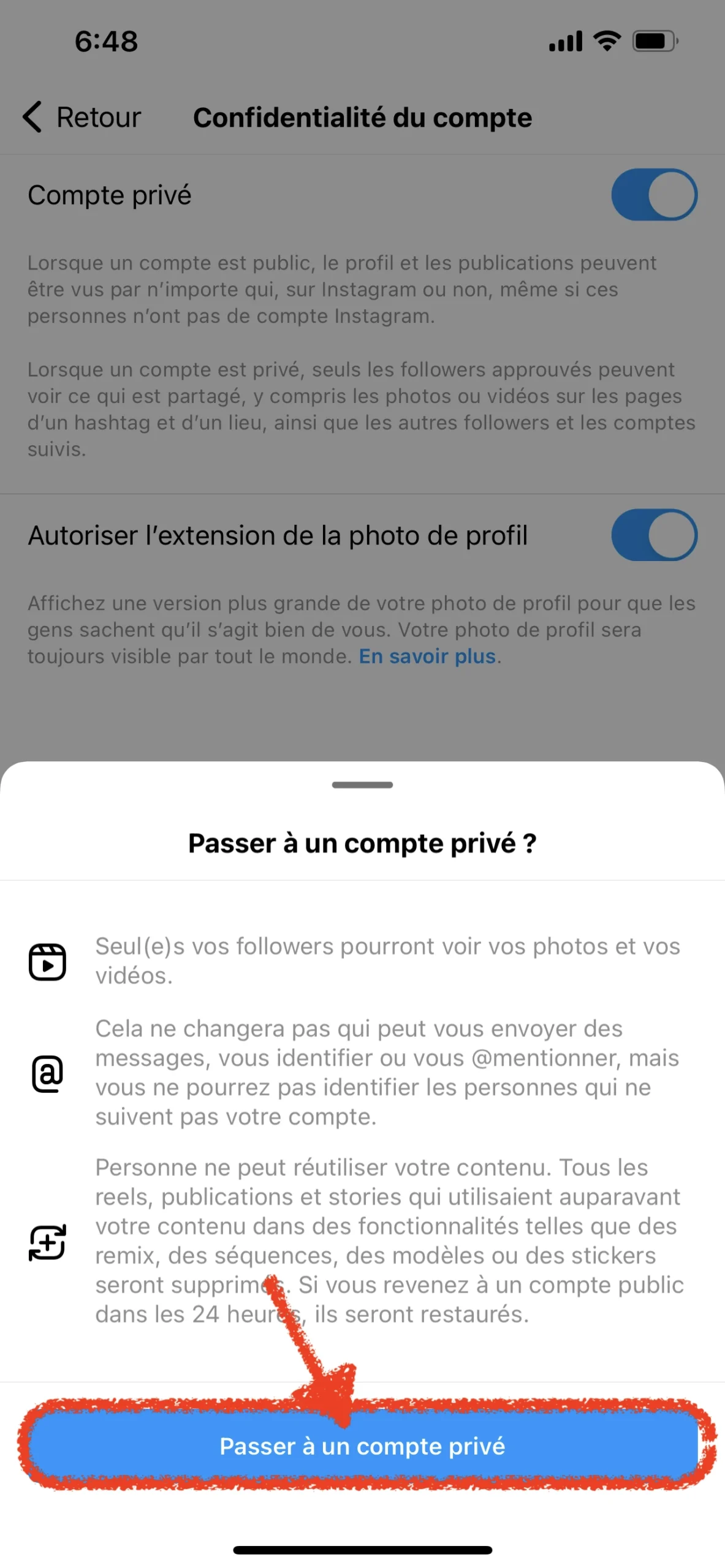 étape 5 pour changer mettre compte instagram privé